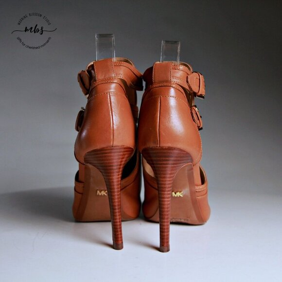 EUC Michael Kors Buckle Leather Blaze Open Toe Heeled Booties Tan Women Size 9 - Picture 6 of 13